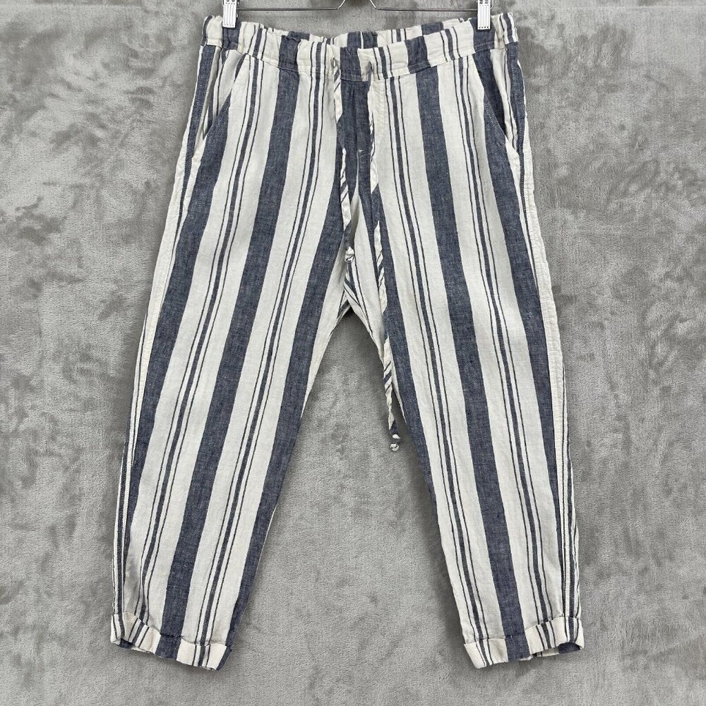 Allen Allen Blue Stripe 100% Linen Drawstring Cropped Pants Coastal